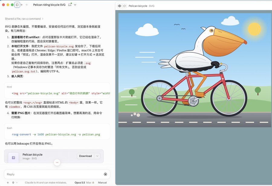 Claude Opus 5.5 · max 静态 SVG · 完整作品与会话截图