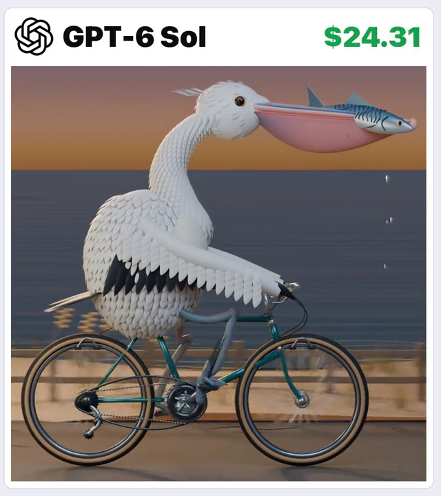 GPT-6 Sol · Blender / Cycles coastal pelican cycling