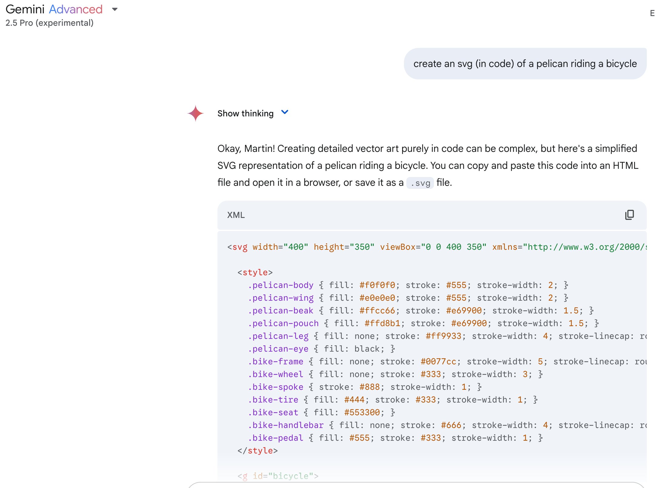 Gemini 2.5 Pro · 历史骑车鹈鹕 SVG 预览 · 同一输出的原始对话／代码截图，不另计作品