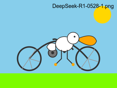 DeepSeek-R1-0528 · 第 1 个公开骑车鹈鹕输出 · 原作者型号标注图；同一输出