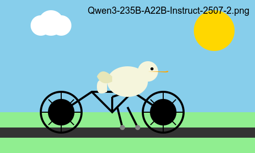 Qwen3-235B-A22B-Instruct-2507 · 第 2 个公开骑车鹈鹕输出 · 原作者型号标注图；同一输出