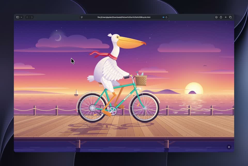 Claude Fable 5.5 · Sunset Boardwalk Cycling SVG Animation Recording · Archived still preview
