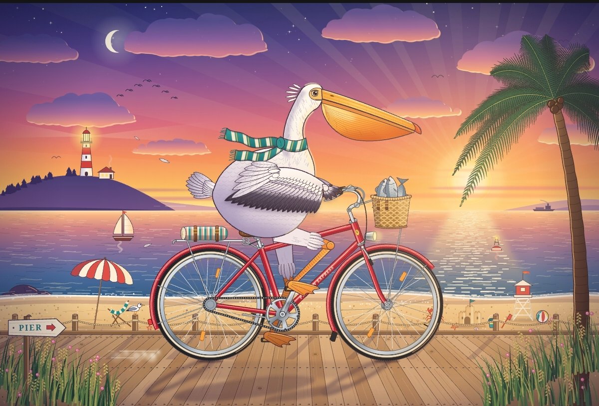 Claude Next · Sunset coastal cycling SVG preview · Creator-published complete raster preview of SVG; source SVG and motion unavailable
