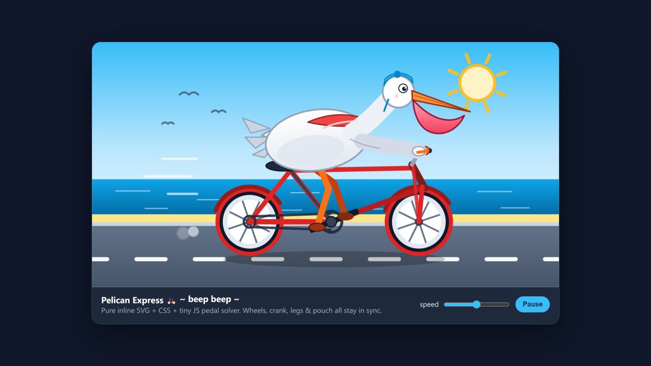 Muse Spark 1.3 (XHigh) · Original pelican cycling HTML animation · Muse Spark 1.3 (XHigh) · Actual browser frame from the original animation