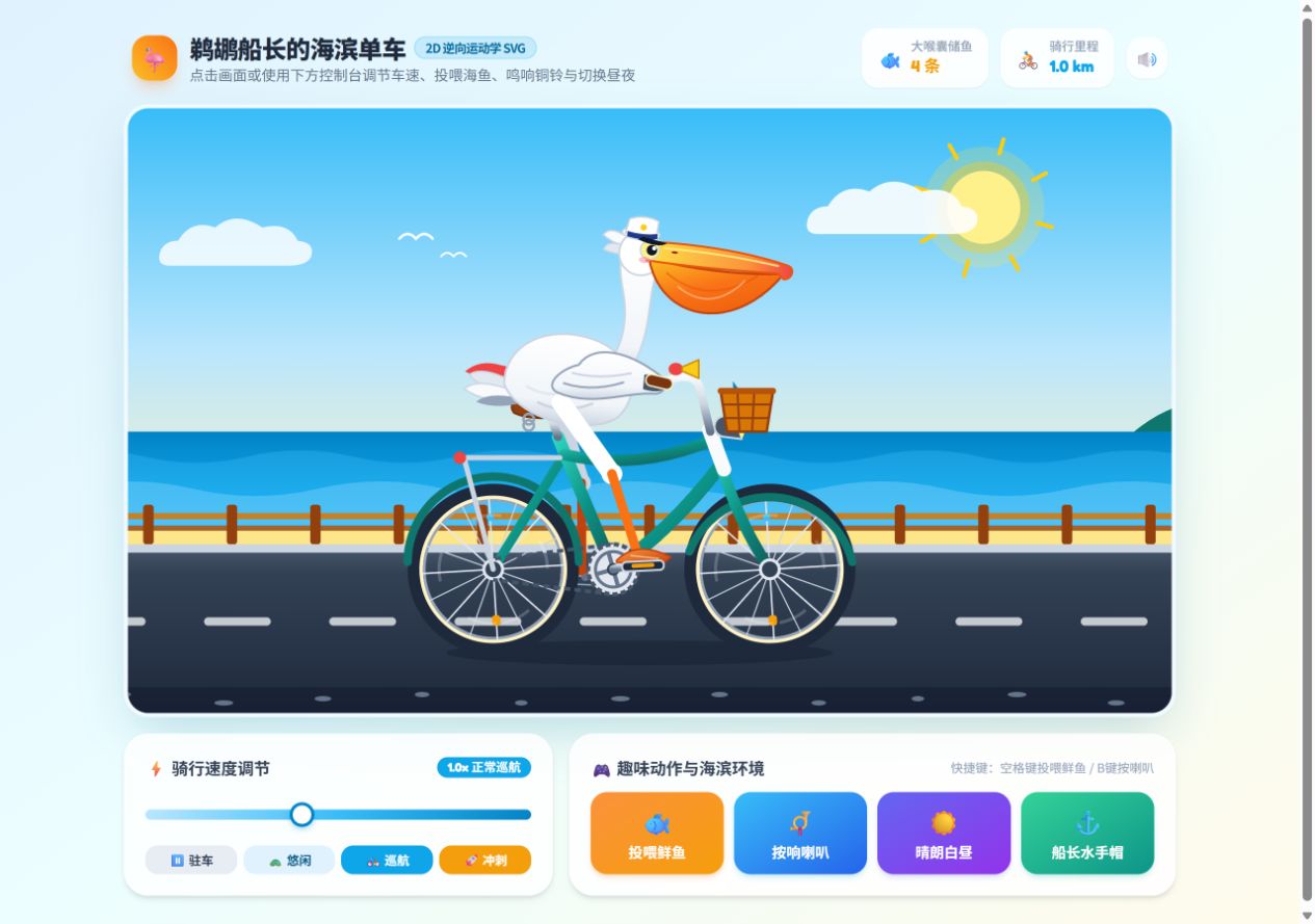 Gemini 4 Argon：鹈鹕船长的海滨单车 · 完整原 HTML 的真实浏览器截帧（静态后备）