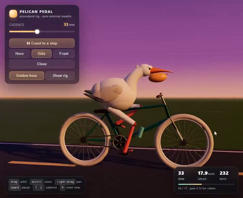 MiniMax M3.1 Flash · Three.js 三维鹈鹕骑行 · 已归档静态预览
