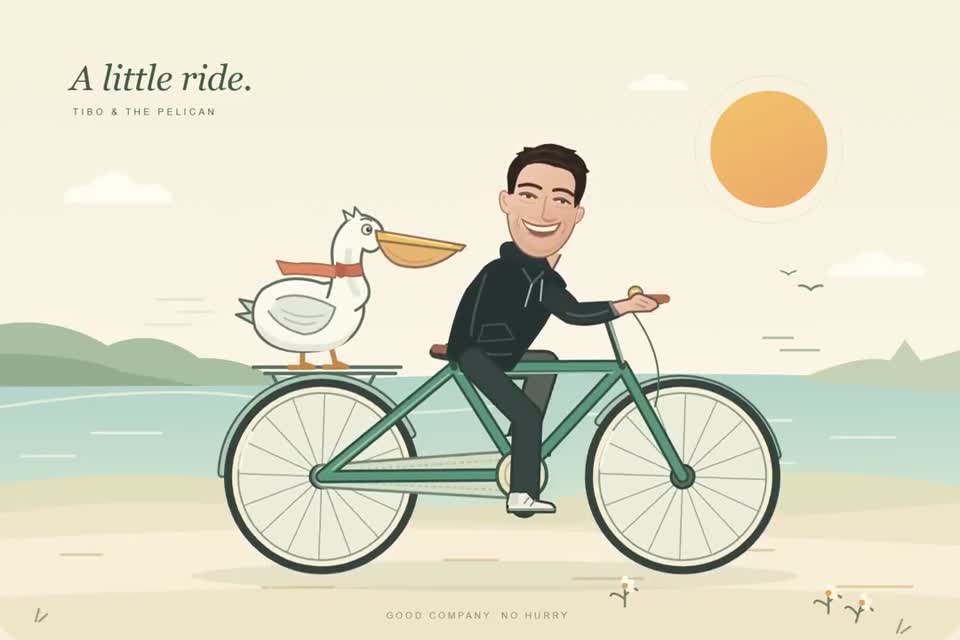 Tibo gives a pelican a bicycle ride