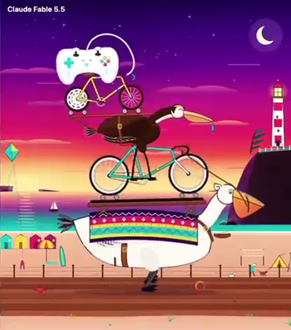 Claude Fable 5.5 · Recursive controller and cycling pelicans · Archived still preview