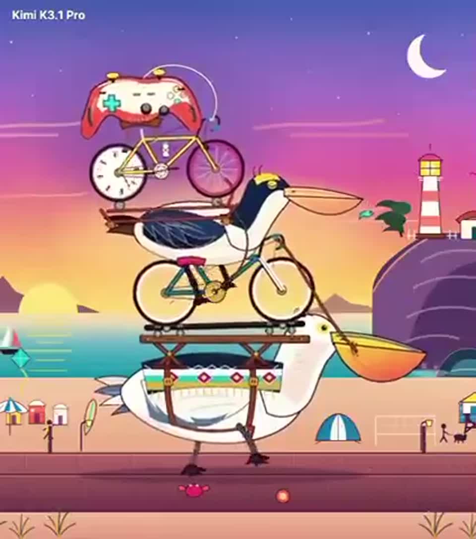 Kimi K3.1 Pro · Recursive controller and cycling pelicans · Archived still preview