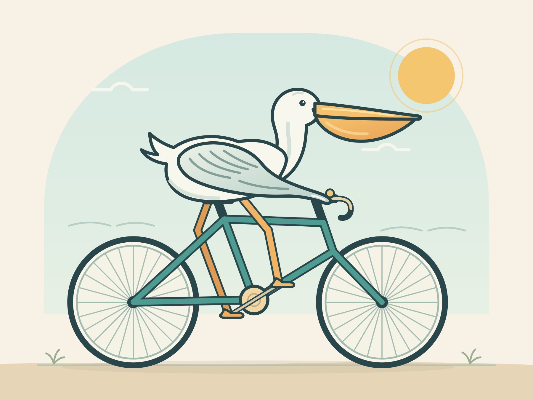 Pelican cycling beneath a green arch · Original output