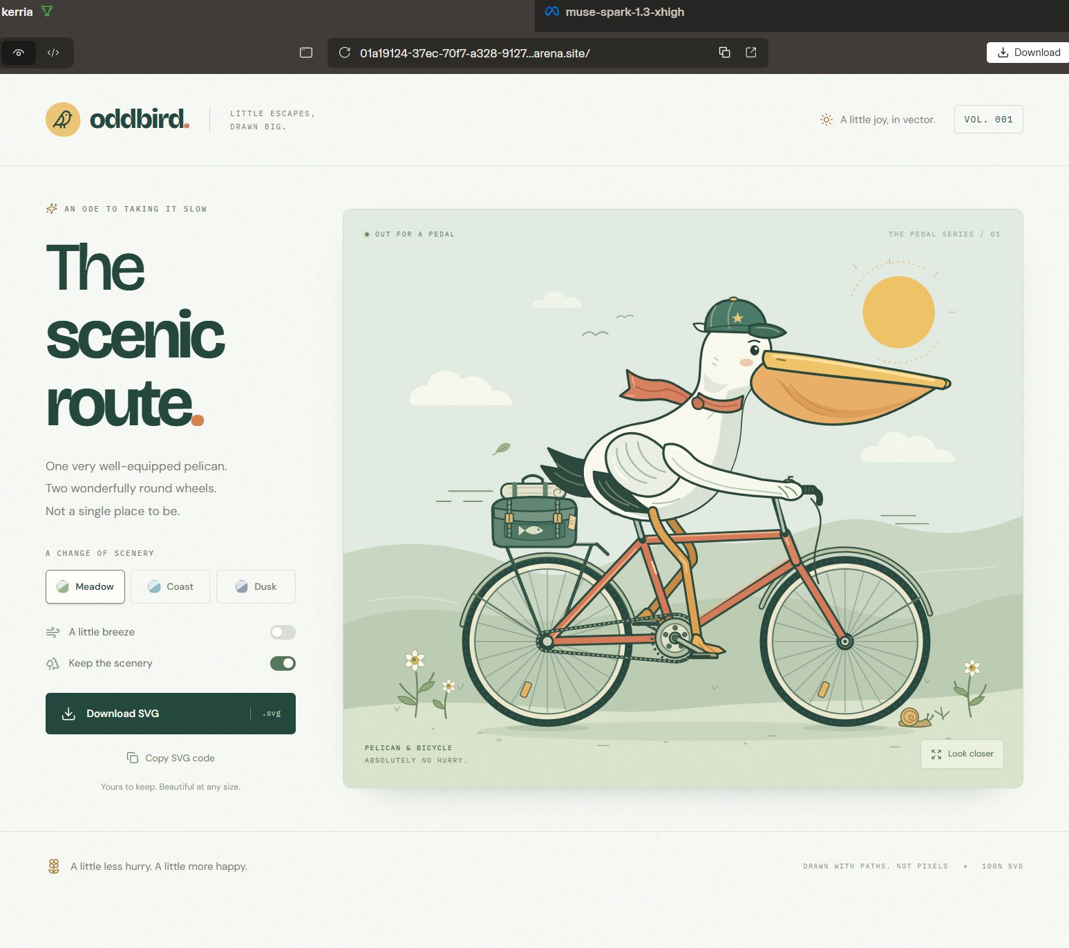Oddbird 骑行网页中的鹈鹕 SVG · 原始输出