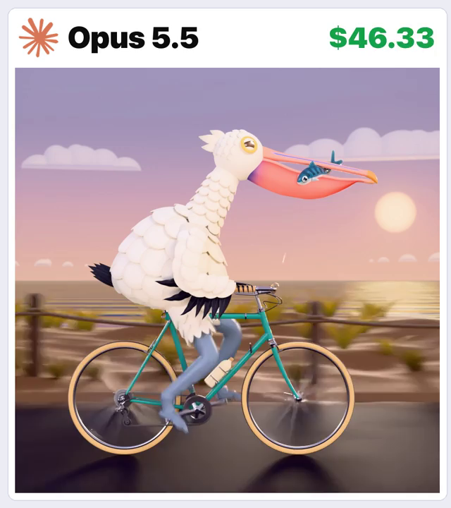 Opus 5.5 · Blender / Cycles coastal pelican cycling · Frame from original media · 2.0 s