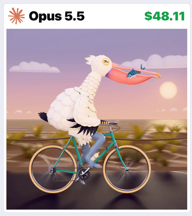 Opus 5.5 · Blender / Cycles coastal pelican cycling · Frame from original media · 4.0 s