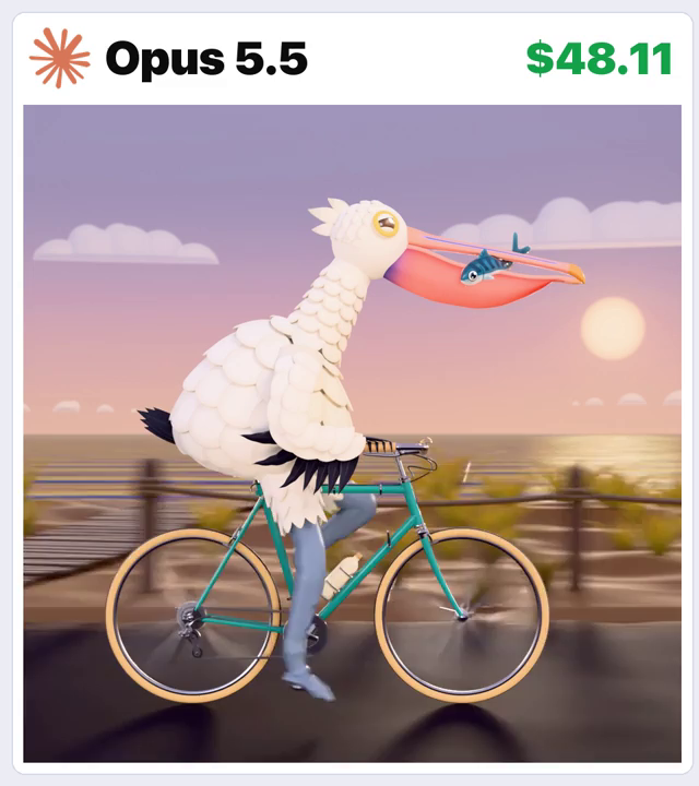 Opus 5.5 · Blender / Cycles coastal pelican cycling · Frame from original media · 6.0 s