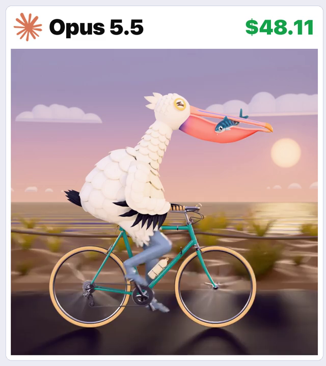 Opus 5.5 · Blender / Cycles coastal pelican cycling · Frame from original media · 8.0 s