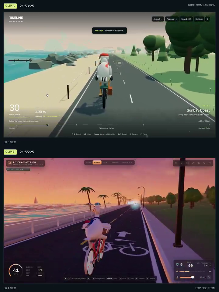 Codex / Opus 5.5 · A seaside pelican-cycling comparison · Frame from original media · 22.547 s