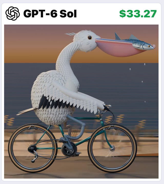 GPT-6 Sol · Blender / Cycles coastal pelican cycling · Frame from original media · 2.0 s