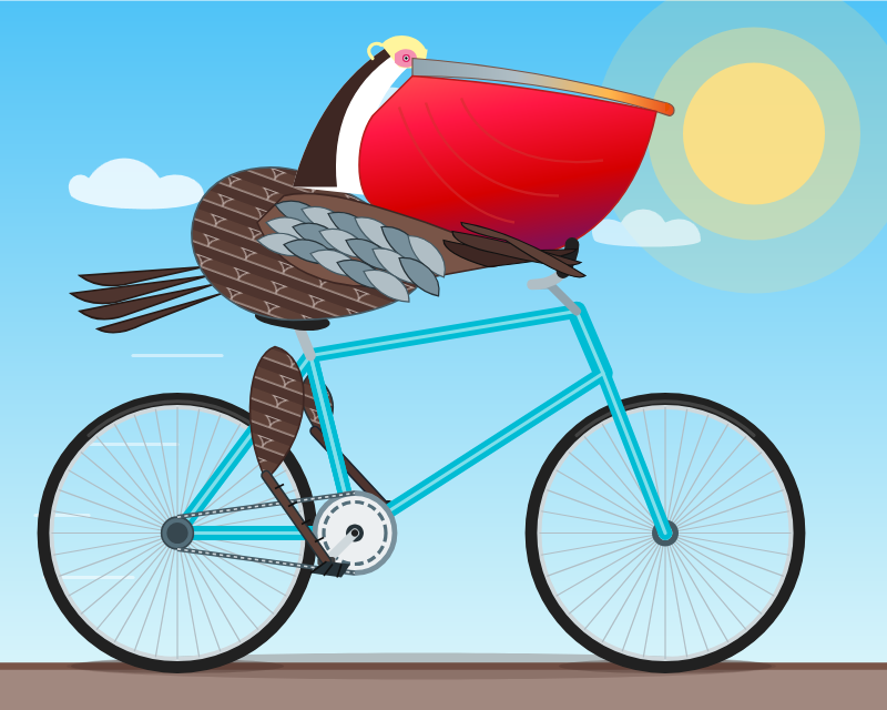 Gemini 3 Deep Think · Also described by Gemini 3 Deep Think: A highly detailed, vibrant, and stylized vector illustration of a whimsical bird resembling a mix between a pelican and a frigatebird enthusiastically riding a bright cyan bicycle from left to right across a flat tan and brown surface. The bird leans horizontally over the frame in an aerodynamic racing posture, with thin, dark brown wing-like arms reaching forward to grip the silver handlebars and a single thick brown leg, patterned with white V-shapes, stretching down to press on a black pedal. The bird's most prominent and striking feature is an enormous, vividly bright red, inflated throat pouch hanging beneath a long, straight grey upper beak that ends in a small orange hook. Its head is mostly white with a small pink patch surrounding the eye, a dark brown stripe running down the back of its neck, and a distinctive curly pale yellow crest on the very top. The bird's round, dark brown body shares the same repeating white V-shaped feather pattern as its leg and is accented by a folded wing resting on its side, made up of cleanly layered light blue and grey feathers. A tail composed of four stiff, straight dark brown feathers extends directly backward. Thin white horizontal speed lines trail behind the back wheel and the bird's tail, emphasizing swift forward motion. The bicycle features a classic diamond frame, large wheels with thin black tires, grey rims, and detailed silver spokes, along with a clearly visible front chainring, silver chain, and rear cog. The whimsical scene is set against a clear light blue sky featuring two small, fluffy white clouds on the left and a large, pale yellow sun in the upper right corner that radiates soft, concentric, semi-transparent pastel green and yellow halos. A solid, darker brown shadow is cast directly beneath the bicycle's wheels on the minimalist two-toned brown ground.