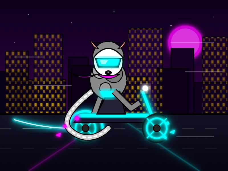 Qwen3.6-27B 16.8GB · Digital illustration in a neon Tron-inspired style of a grey cat-like creature wearing cyan visor goggles riding a glowing cyan futuristic motorcycle through a dark cityscape at night, with its long tail trailing behind, silhouetted buildings with yellow-lit windows in the background, and a glowing magenta moon on the right.