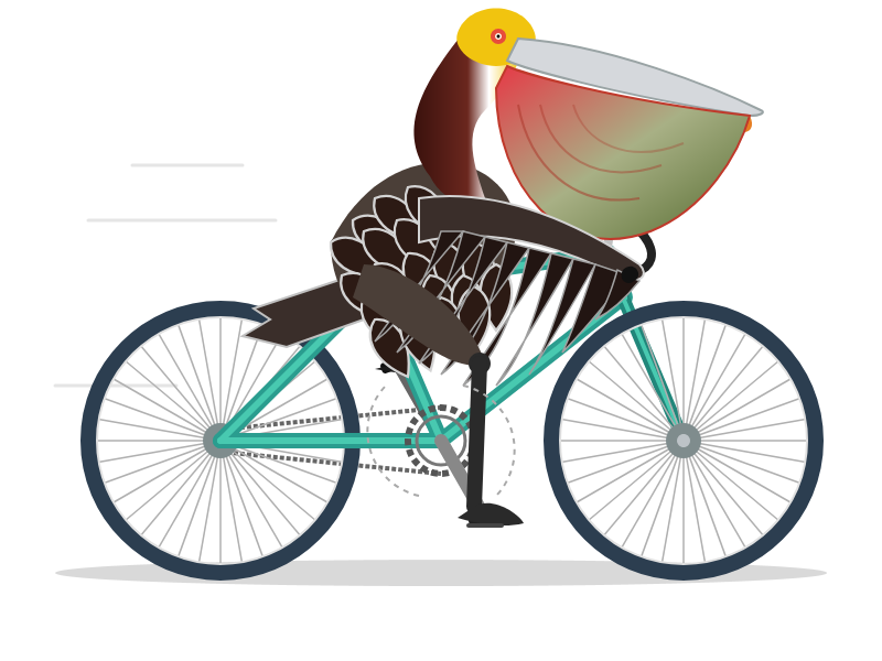 Gemini 3.1 Pro · Flat-style illustration of a brown pelican riding a teal bicycle with dark blue-rimmed wheels against a plain white background. Unlike the previous image's white cartoon pelican, this pelican has realistic brown plumage with detailed feather patterns, a dark maroon head, yellow eye, and a large pink-tinged pouch bill. The bicycle is a simpler design without a basket, and the scene lacks the colorful background elements like the sun, clouds, road, hills, cap, and scarf from the first illustration, giving it a more minimalist feel.