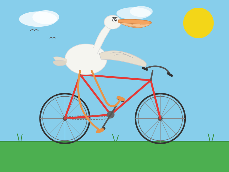 Qwen3.6-27B 16.8GB · Bicycle has spokes, a chain and a correctly shaped frame. Handlebars are a bit detached. Pelican has wing on the handlebars, weirdly bent legs that touch the pedals and a good bill. Background details are pleasant - semi-transparent clouds, birds, grass, sun.