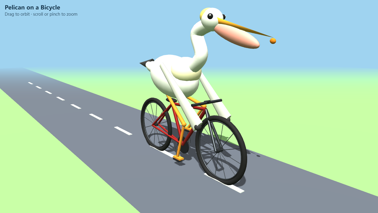 Claude Sonnet 5.5 · 免费档 WebGL 三维鹈鹕 · 原始 WebGL 页面运行截图