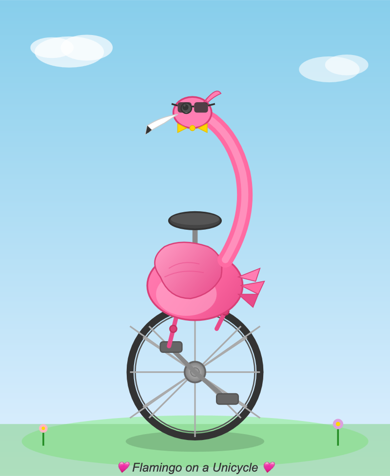 Qwen3.6-35B-A3B (Q4 laptop) vs Claude Opus 4.7 · The unicycle spokes are a too long. The pelican has sunglasses, a bowtie and appears to be smoking a cigarette. It has two heart emoji surrounding the caption Flamingo on a Unicycle. It has a lot of charisma.